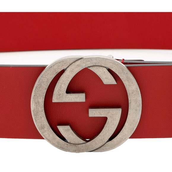 Gucci Interlocking Leather GG Buckle Antiqued Silver Tone Belt Rosso Red - Picture 4 of 5